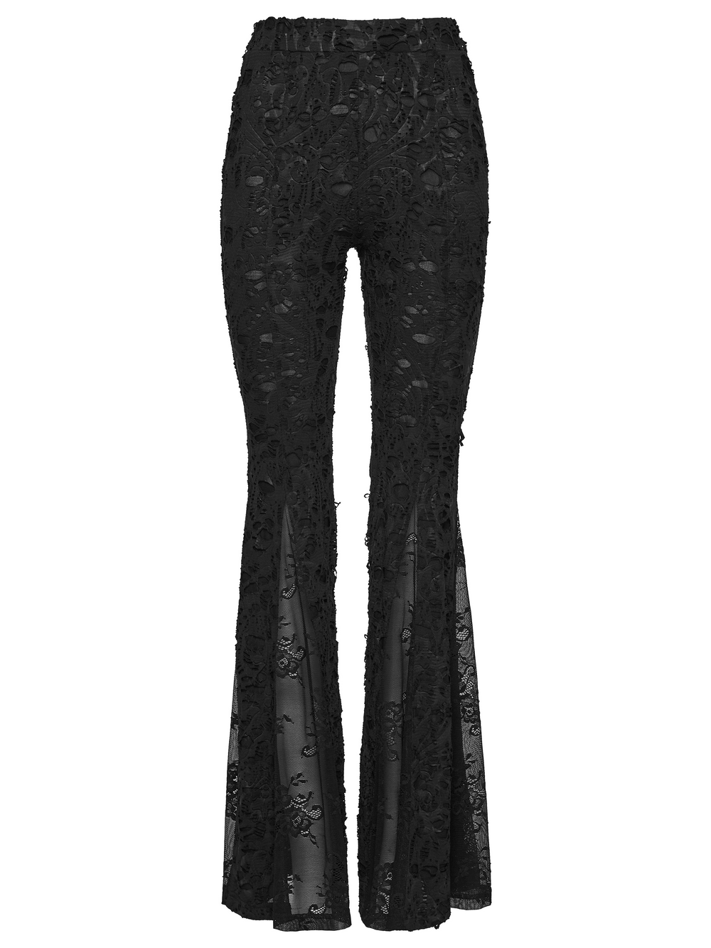Sleek Gothic Jacquard Lace High Waist Flared Pants black embossed jacquard with sheer lace flare legs, high-waist goth statement