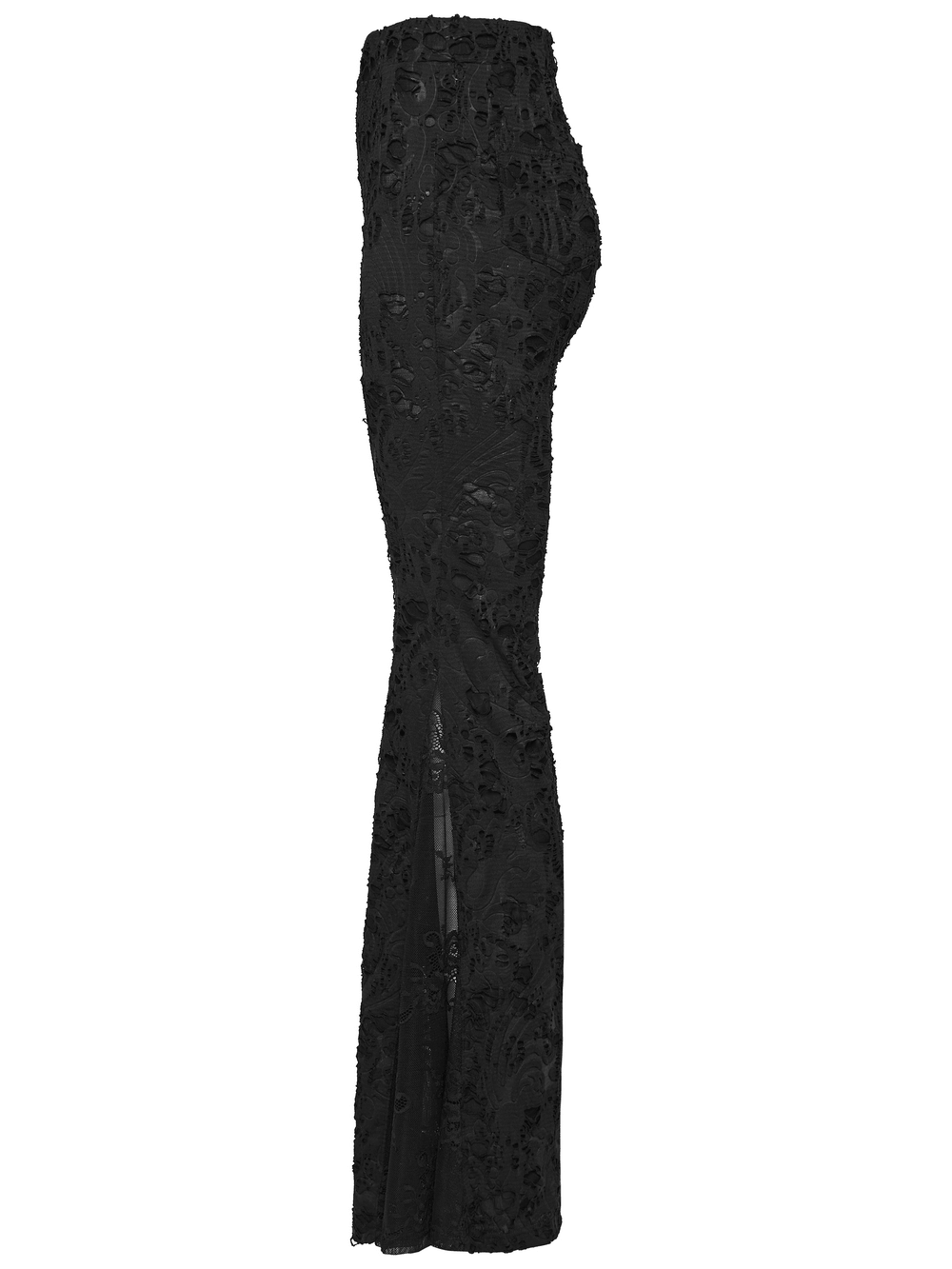 Alt Tag: Sleek Gothic Jacquard Lace High Waist Flared Pants in black embossed jacquard with sheer lace flare and high-waist silhouette