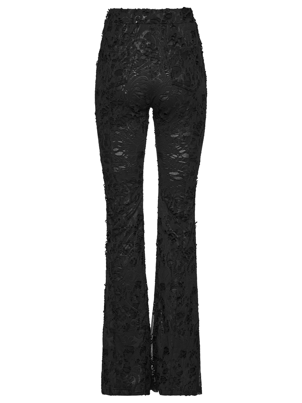 Alt Tag: Sleek Gothic Jacquard Lace High Waist Flared Pants in black with sheer lace texture and dramatic flared legs