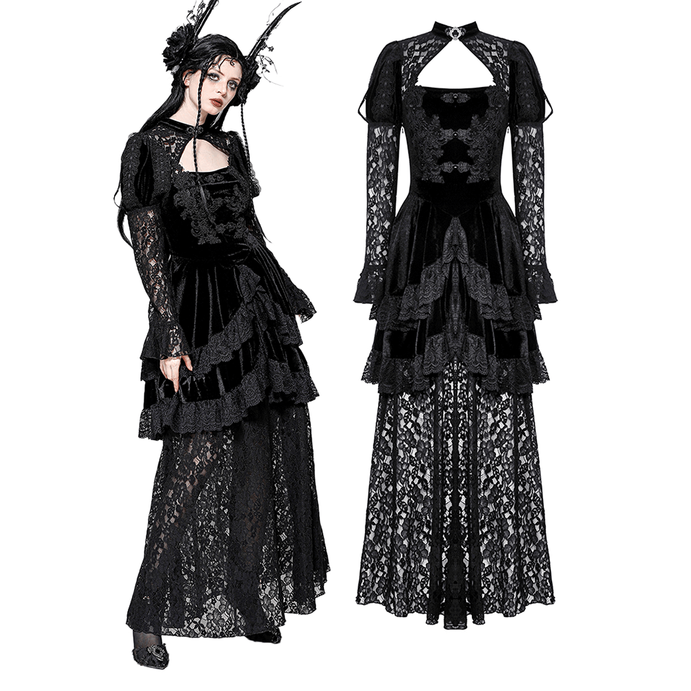 Sleek Gothic lace tiered dress with velvet accents and intricate details, perfect for a dramatic fashion statement.