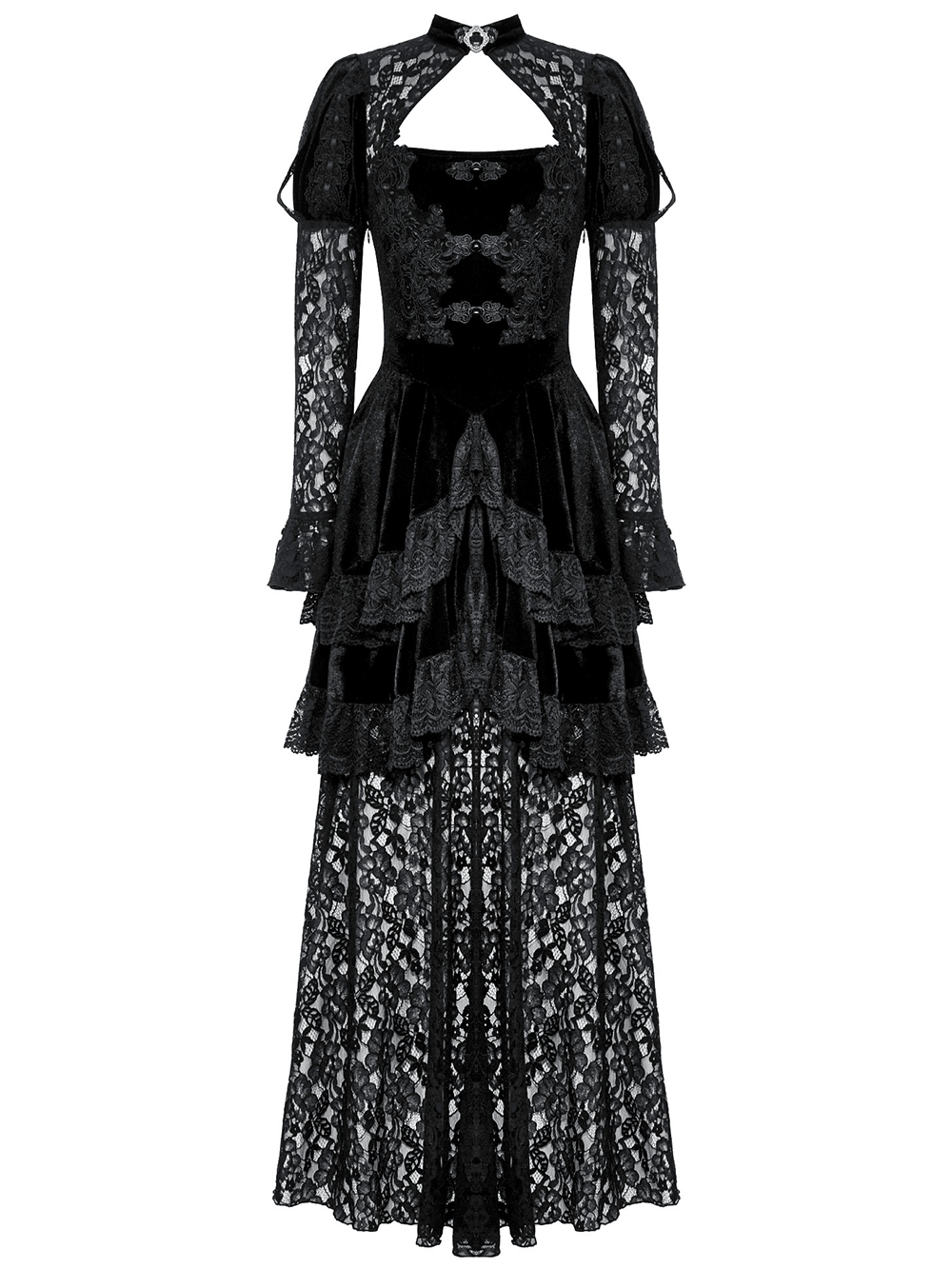 Sleek Gothic lace tiered dress with velvet accents and romantic sleeves, perfect for gothic fashion lovers.