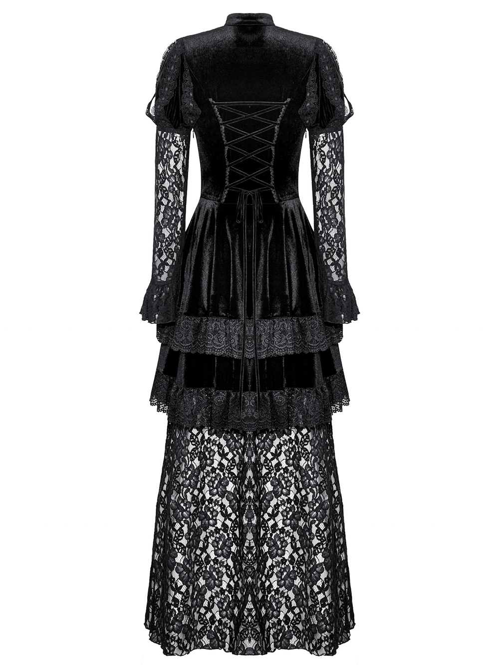 Back view of a sleek gothic lace tiered dress with velvet accents and long lace sleeves.