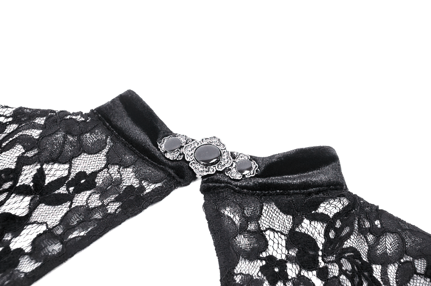 Close-up of the sleek Gothic lace tiered dress collar featuring velvet accents and an ornate black gemstone clasp.