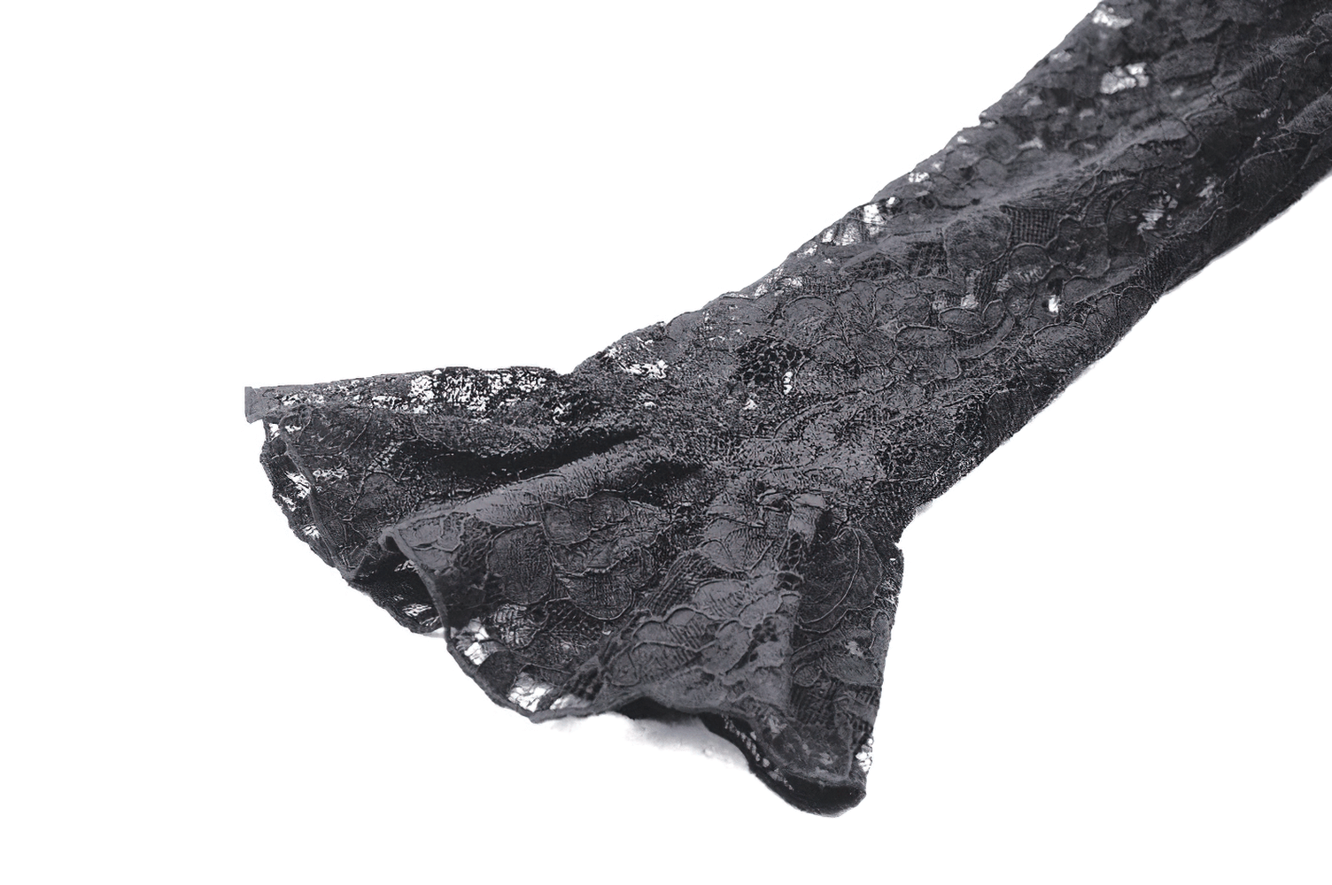 Close-up of the flared sleeve of a sleek gothic lace dress featuring intricate lace detailing.