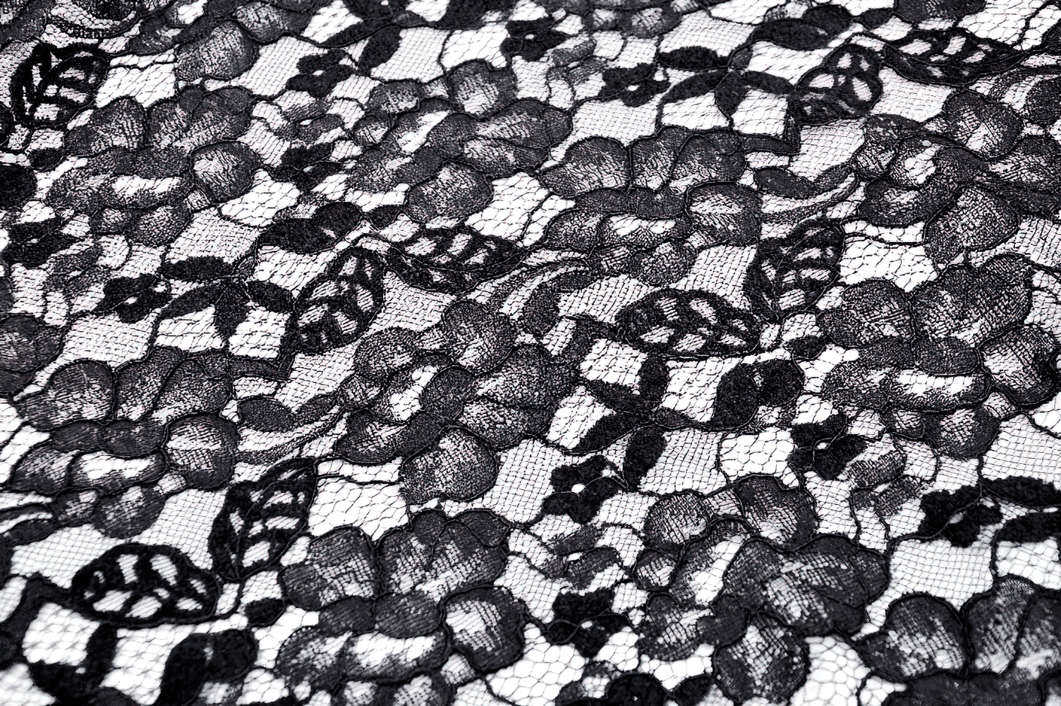 Close-up of sleek black floral lace fabric with intricate patterns, perfect for gothic style dresses and accessories.