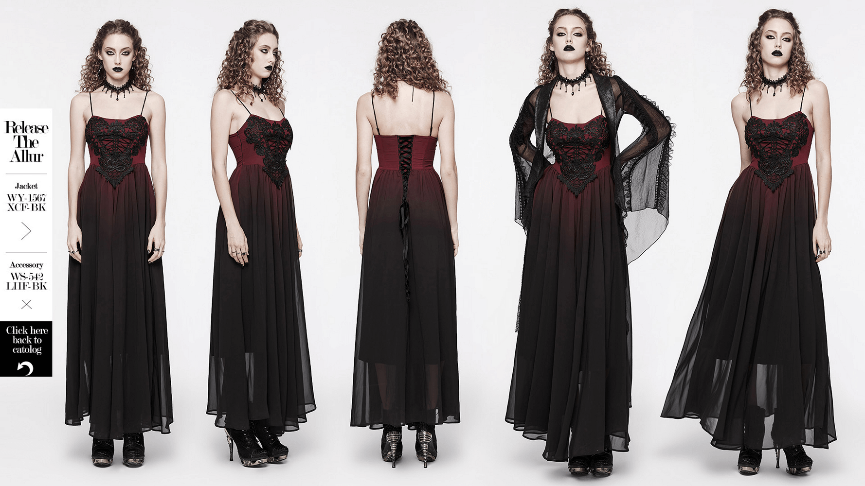 Dramatic burgundy and black gothic long dress with adjustable straps and embroidered design, perfect for formal events.
