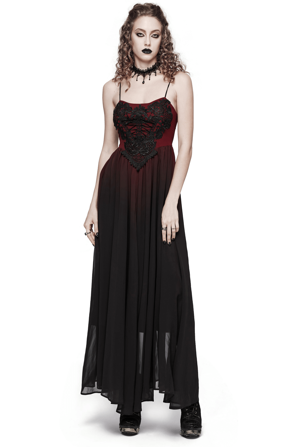 Dramatic burgundy and black gothic long dress with adjustable straps and floral embroidery.