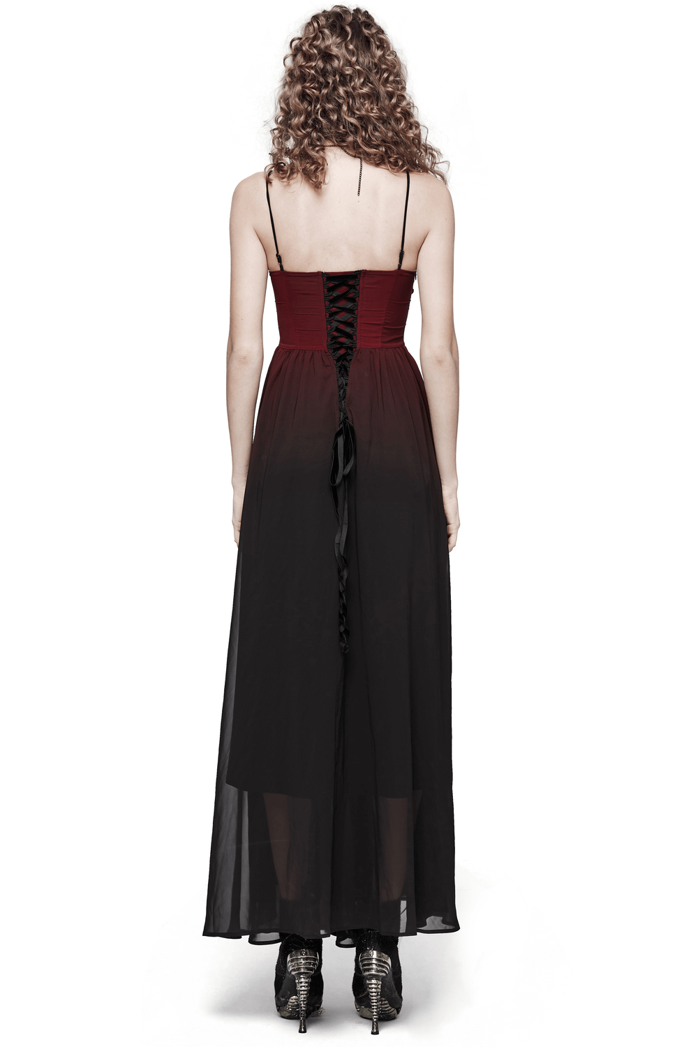 Back view of sleek gothic long dress with adjustable straps, showcasing dramatic burgundy and black colors and lace-up detail.
