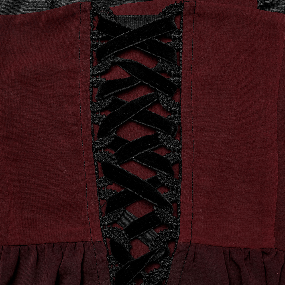 Close-up of the lace-up back detailing on the sleek gothic long dress in burgundy and black, showcasing customizable fit.