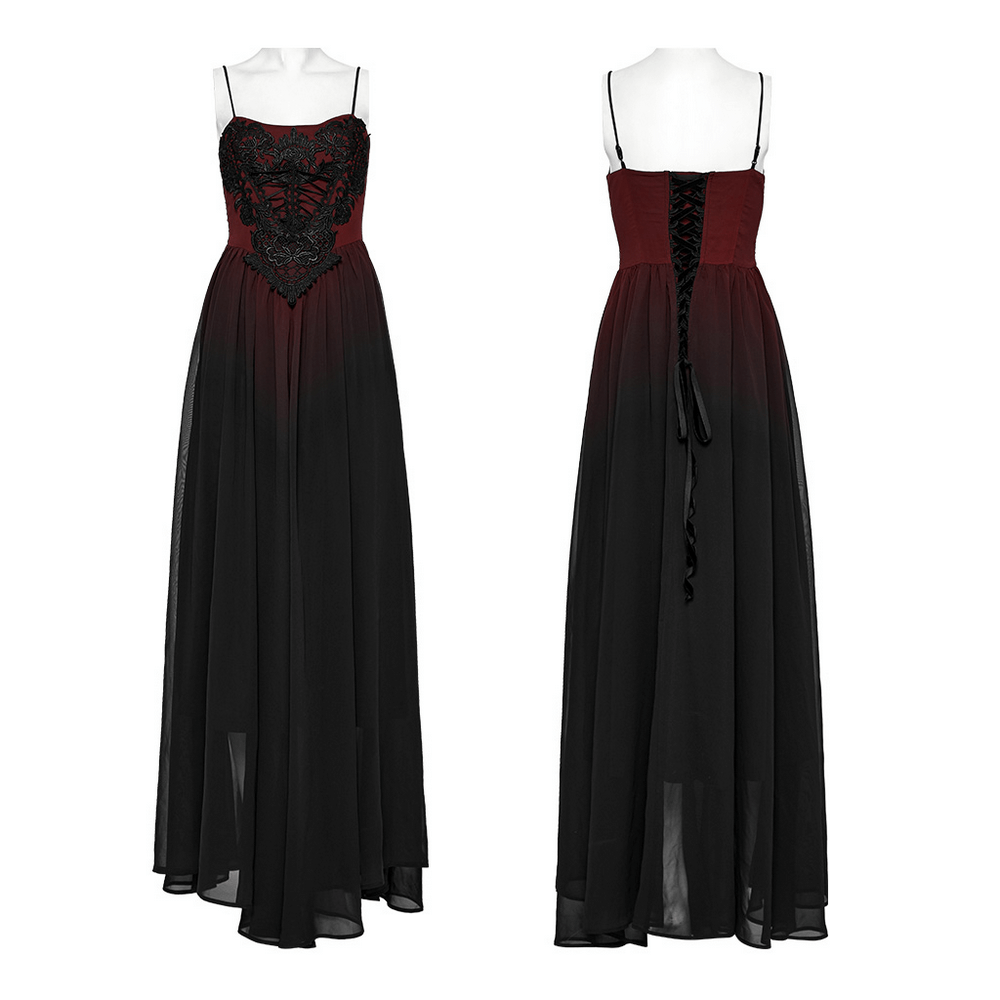 Sleek gothic long dress in burgundy and black with open back and lace-up design, perfect for formal events or nights out.