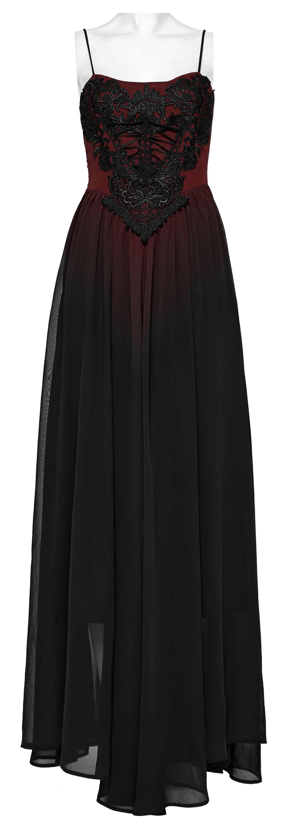 Sleek gothic long dress in burgundy and black with floral embroidery, adjustable straps, and open back design.