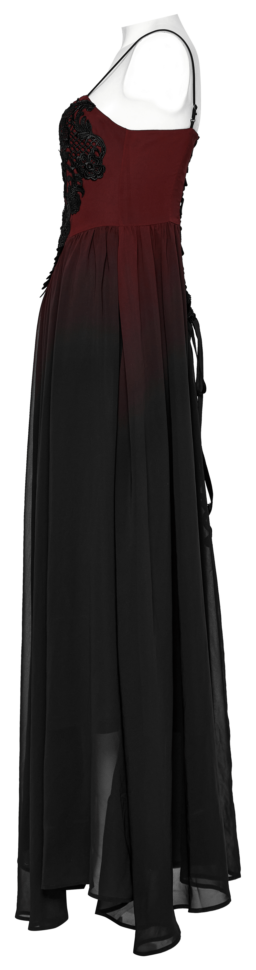 Side view of a sleek gothic long dress in burgundy and black with adjustable straps and floral embroidery.