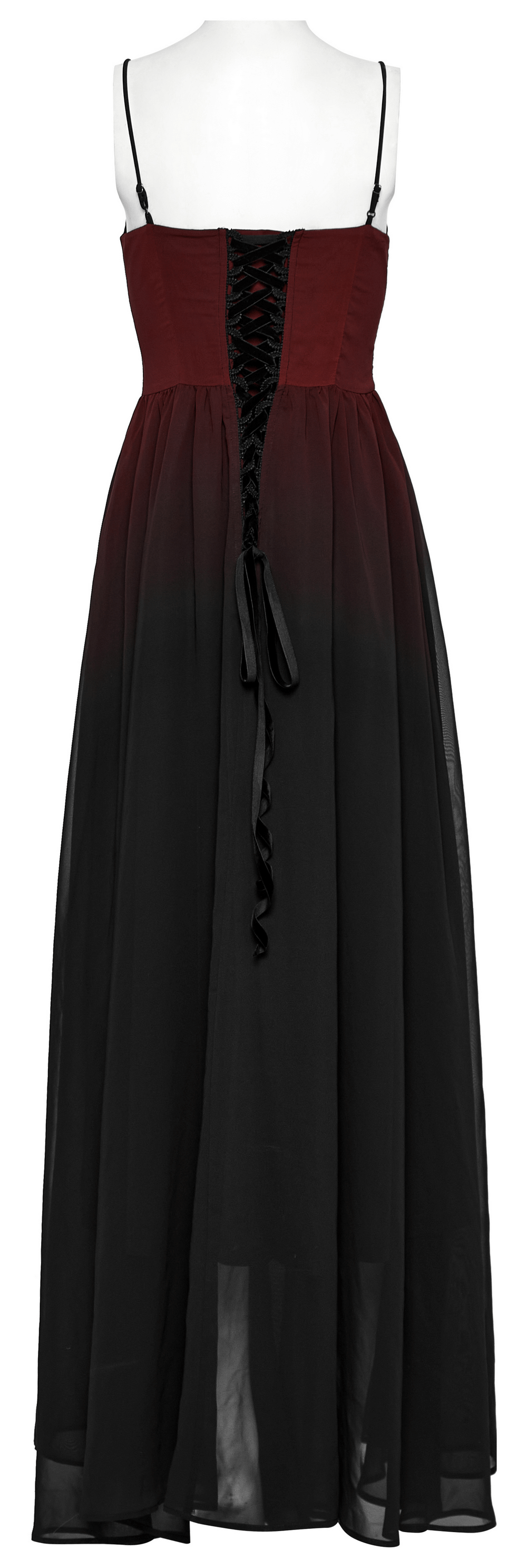 Back view of dramatic burgundy and black gothic long dress with adjustable straps and lace-up detail.
