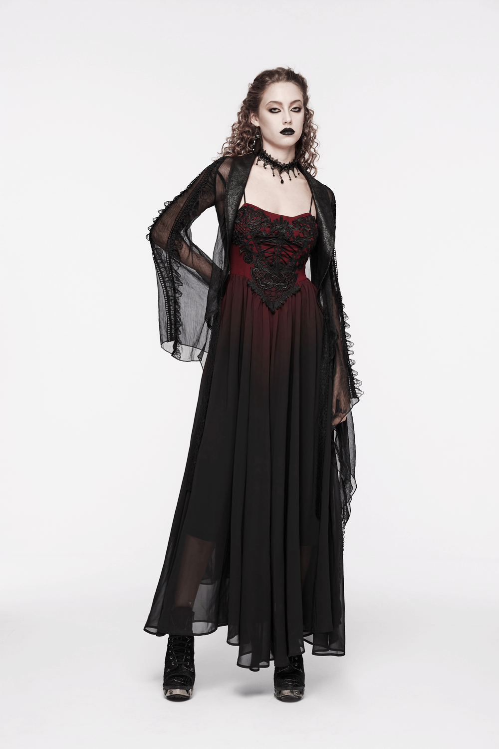 Dramatic burgundy and black gothic long dress with open back and floral embroidery, perfect for formal events.