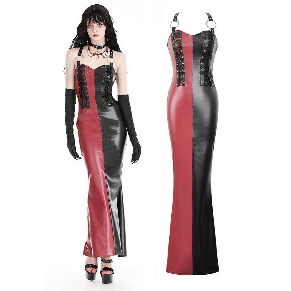 Sleek Gothic PU Leather Dress with Lace-Up Detailing