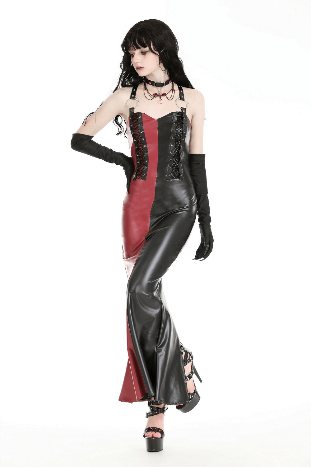 Sleek Gothic PU Leather Dress with Lace-Up Detailing