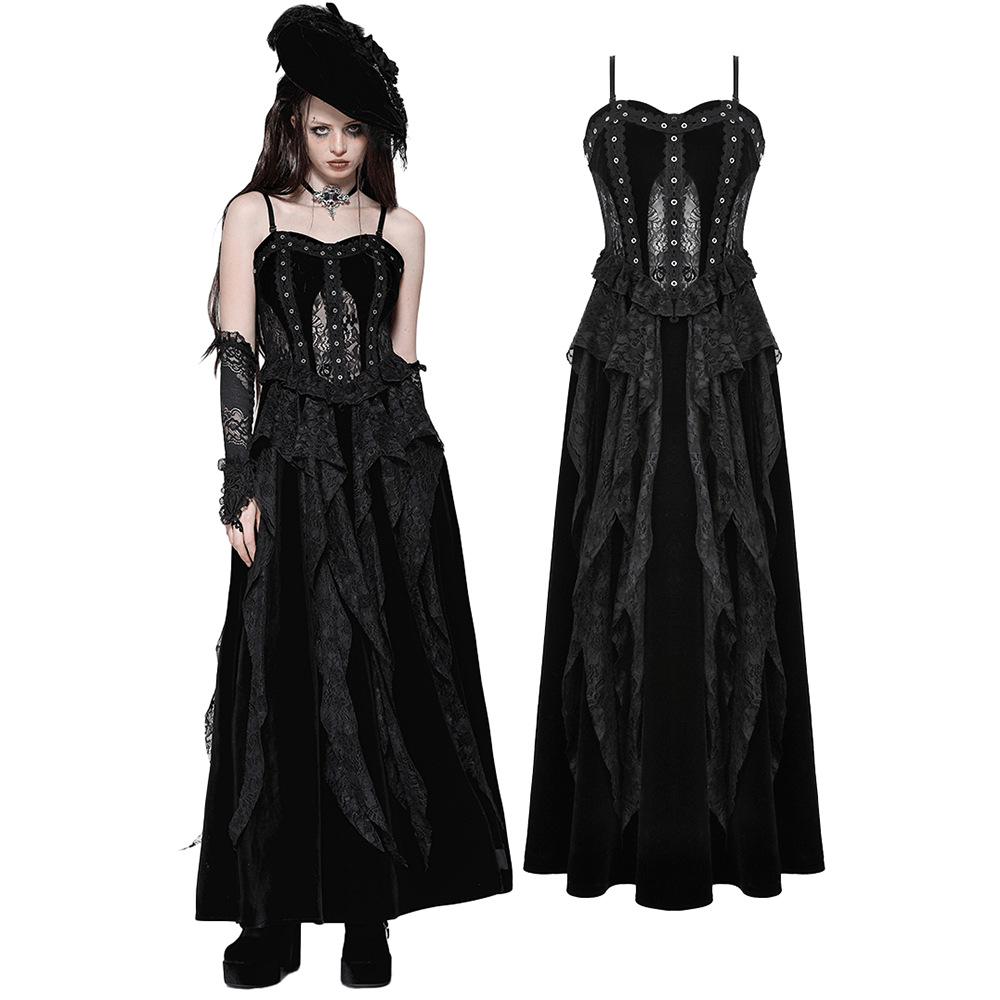Sleek black corset dress with lace and ruffled details, featuring adjustable straps and a dramatic flowing skirt.