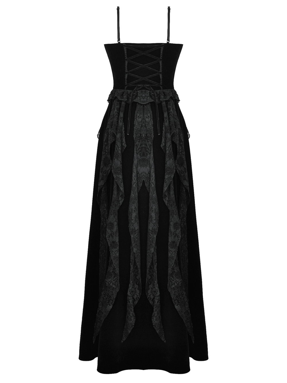 Sleek black lace and velvet corset dress with ruffled details and lace-up back, perfect for gothic elegance.