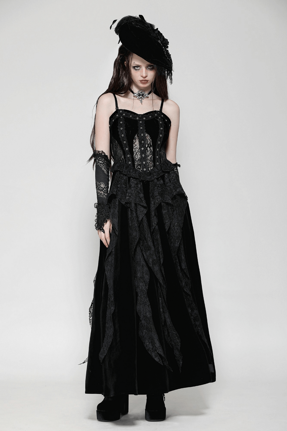 Dark romantic corset gown featuring lace, ruffles, and elegant velvet skirt for gothic allure.