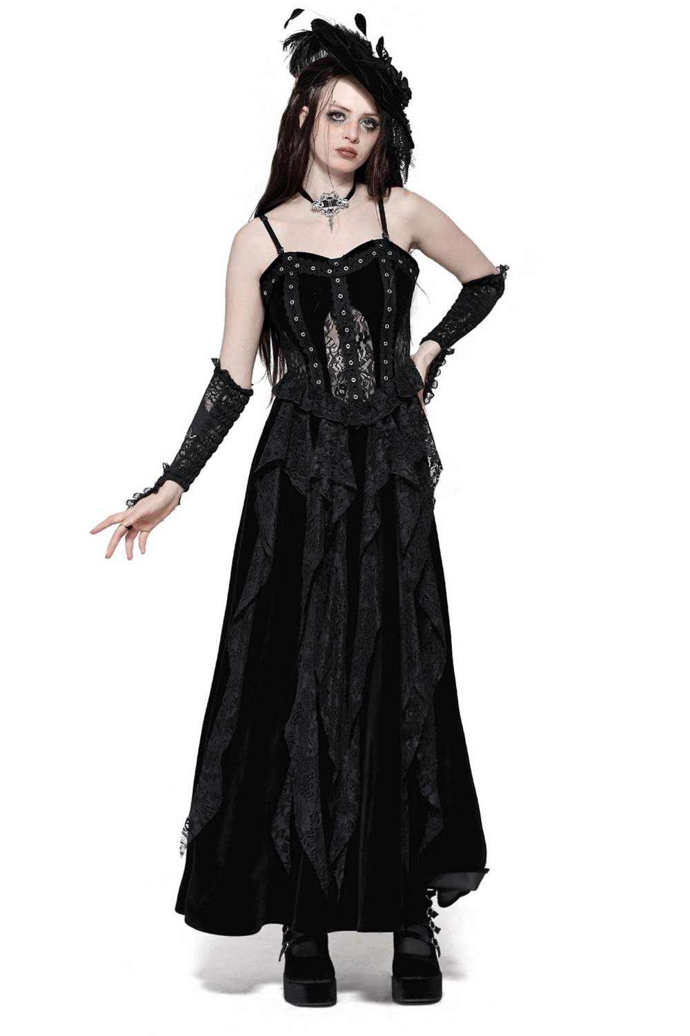Dark romantic lace and velvet corset dress with ruffles and gothic accessories.