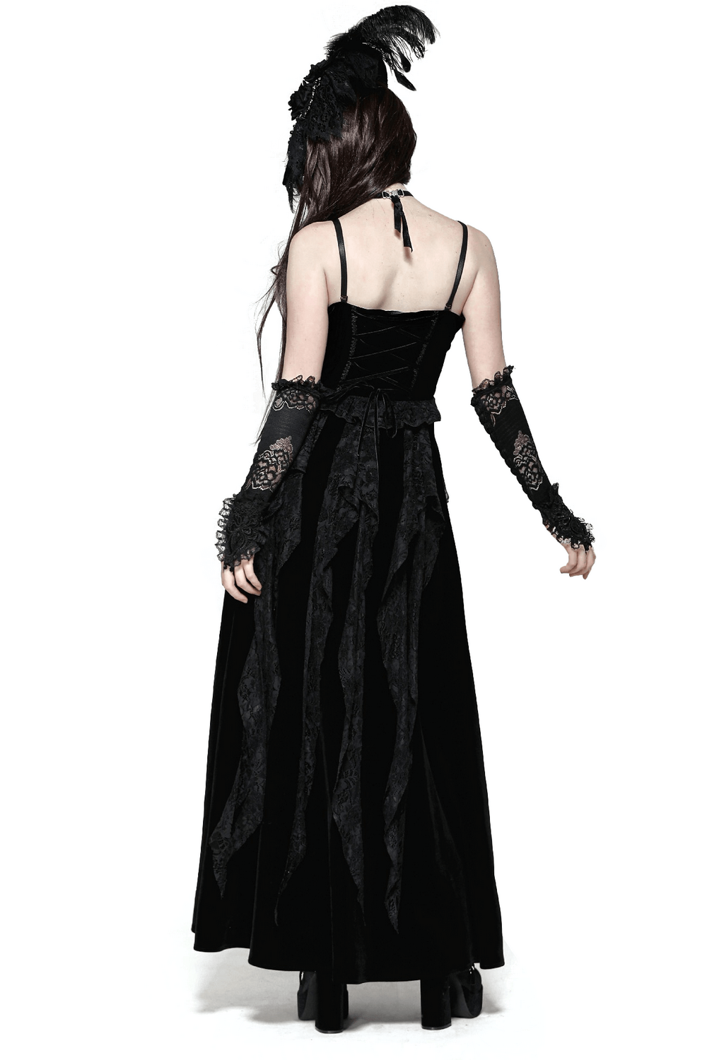 Back view of a black velvet corset dress with lace details, ruffled skirt, and gloves, perfect for gothic elegance.