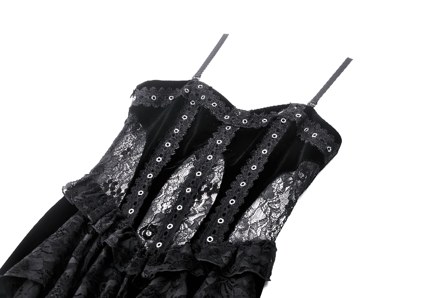 Elegant black corset dress with lace panels, eyelets, and ruffled trim, perfect for gothic elegance.