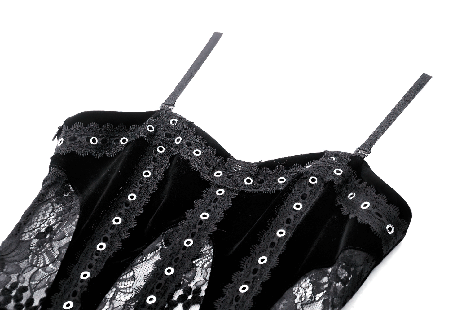 Sleek black corset dress with lace panels, metal eyelets, and adjustable straps for gothic elegance.