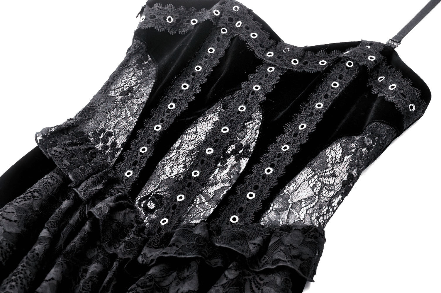 Sleek black velvet corset dress with lace panels and metal eyelets, featuring ruffled details for gothic elegance.