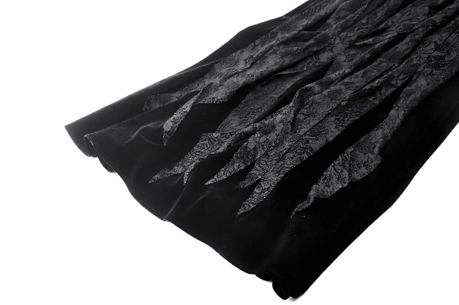 Elegant black velvet pattern with intricate lace details for gothic fashion.