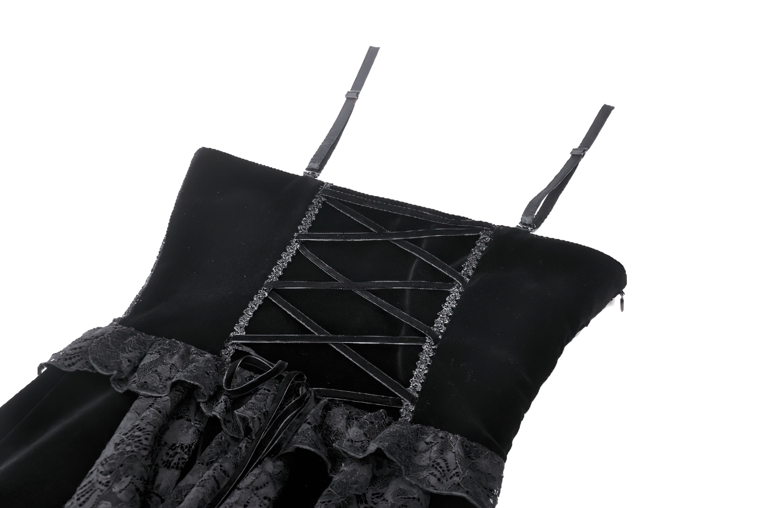 Close-up of a black lace and velvet corset dress showcasing intricate lace panels and adjustable straps.
