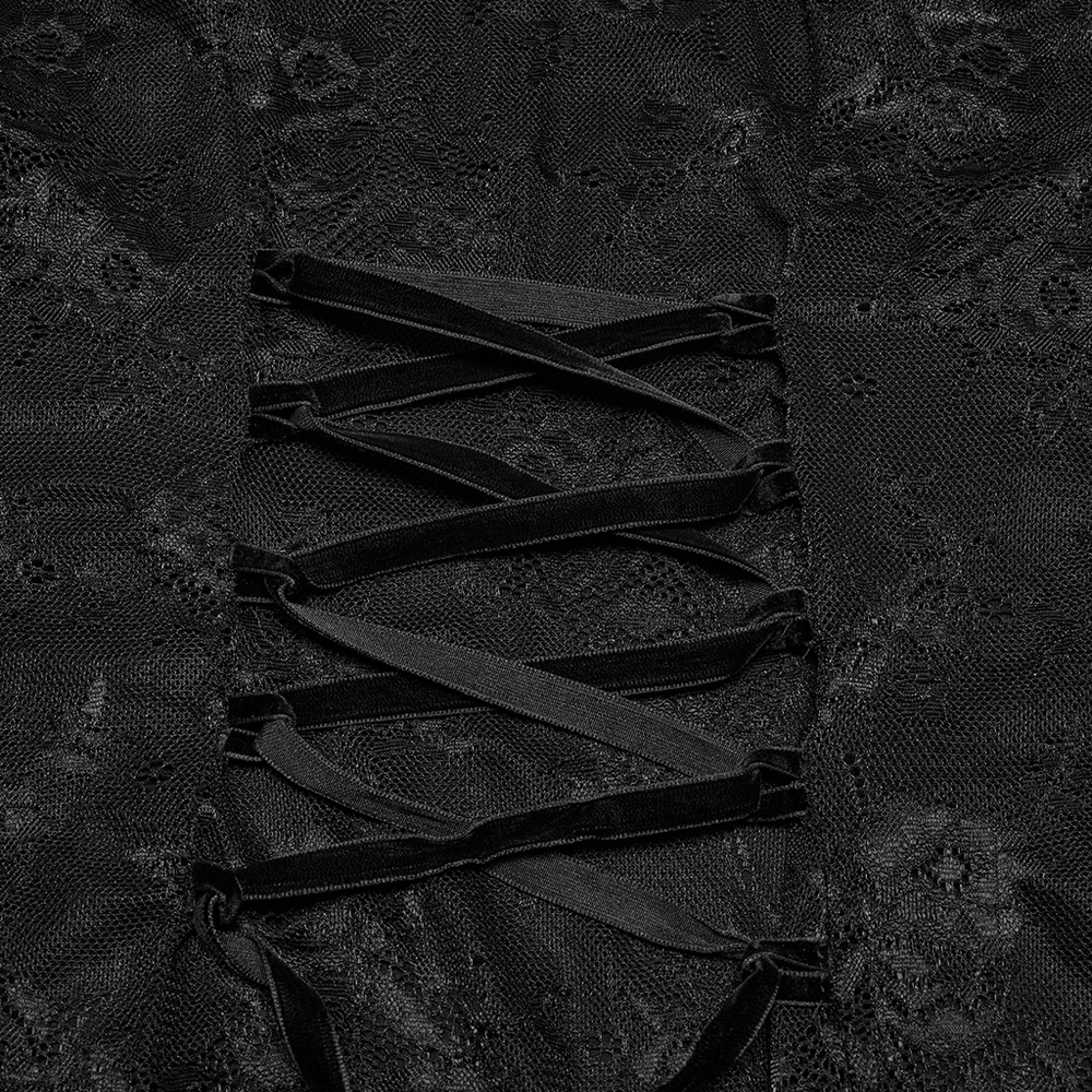 Close-up detail of the lace and drawstring ties on a gothic mermaid dress, showcasing intricate design elements.