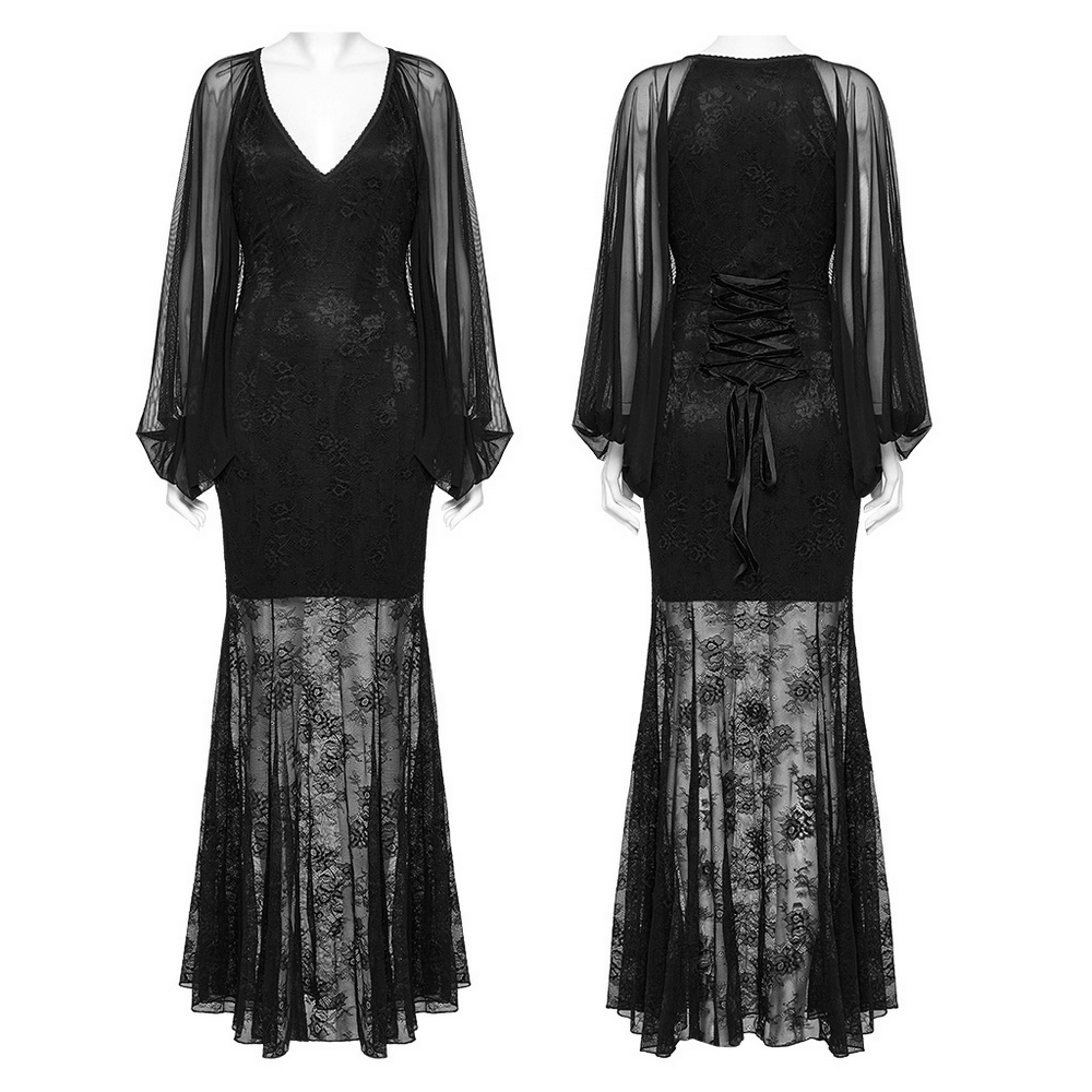 Sleek lace mermaid dress with bat mesh sleeves, deep V-neck, and fishtail hem for gothic elegance.