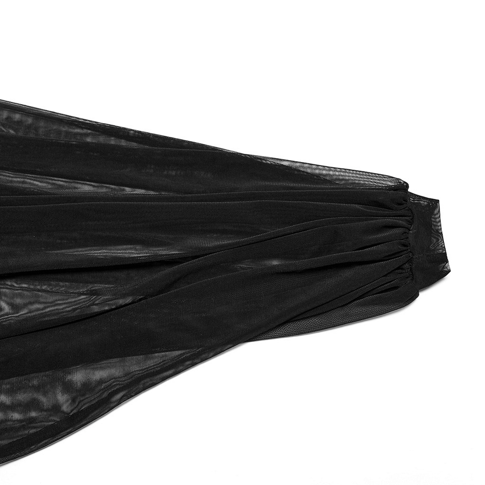 Black sheer batwing sleeve detail from a goth mermaid dress, showcasing elegant elasticity and style.