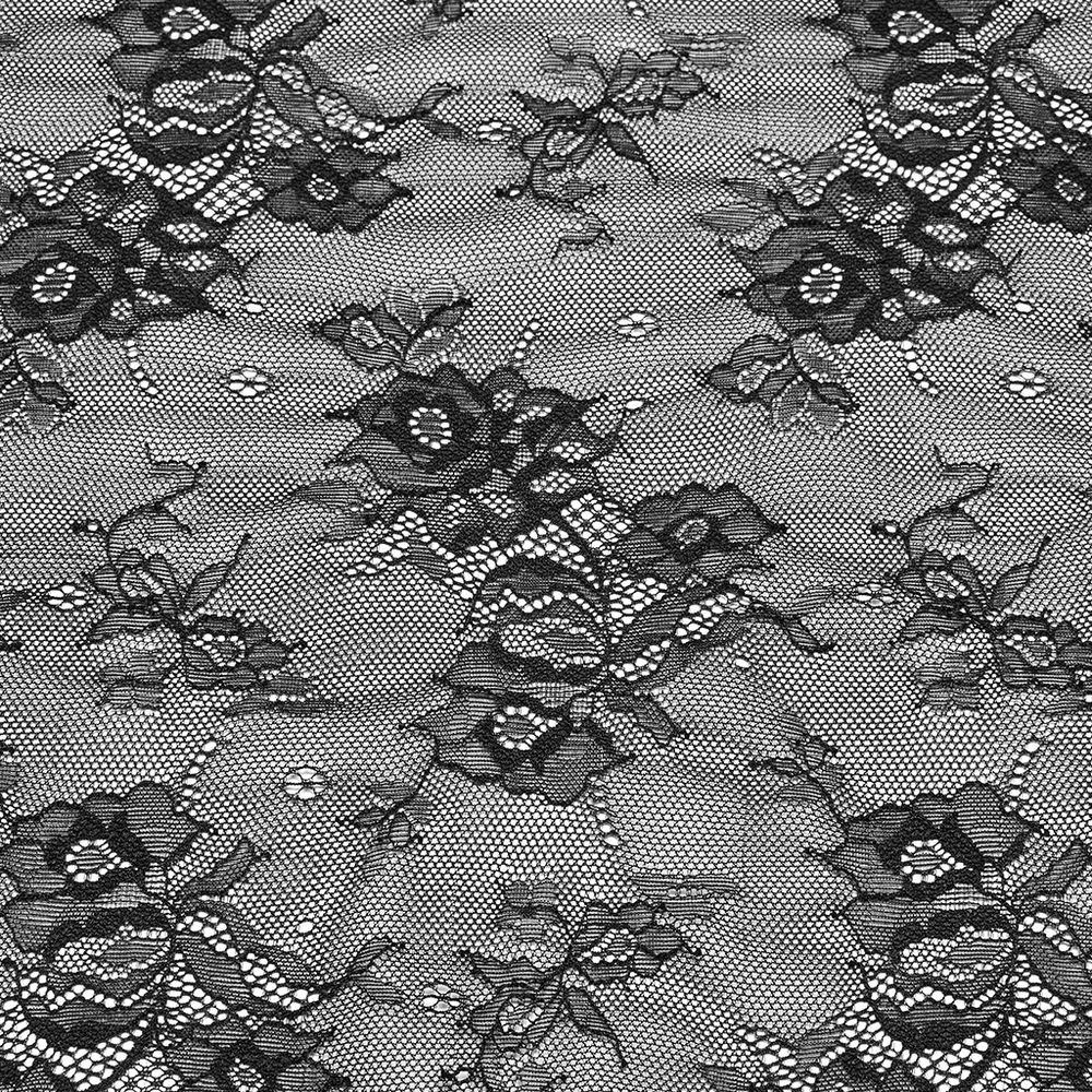 Elegant black lace fabric with floral pattern, perfect for gothic and romantic clothing designs.