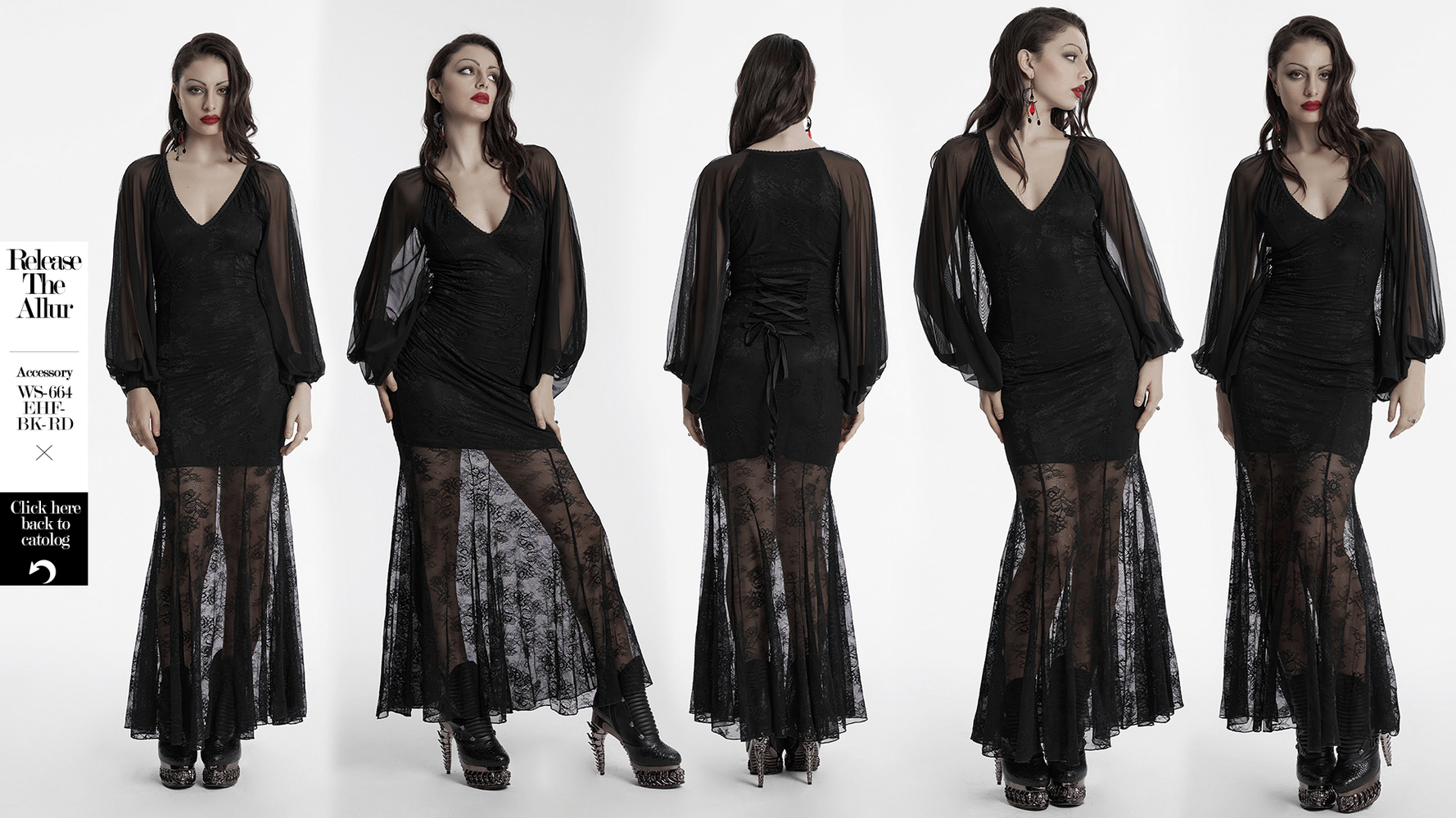 Gothic mermaid dress featuring sheer batwing sleeves and lace skirt, perfect for night events and alt fashion.