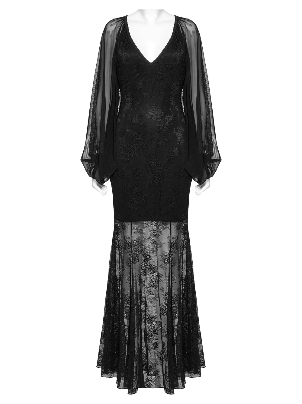 Sleek black lace mermaid dress with bat mesh sleeves, deep V-neckline, and fishtail hem for gothic elegance.