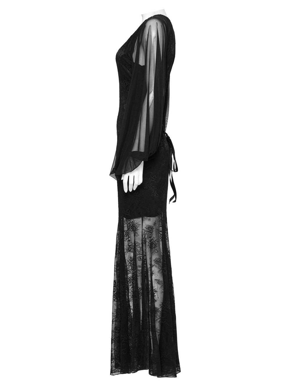 Sleek gothic mermaid dress featuring sheer bat mesh sleeves and a stunning lace skirt for a dramatic silhouette.