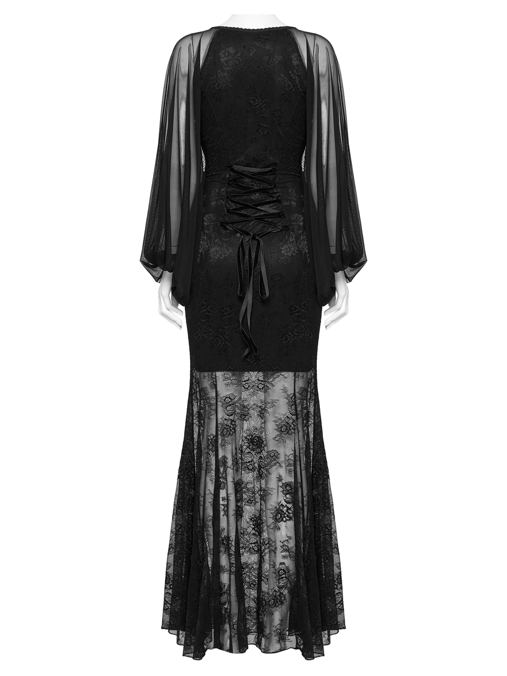 Back view of a sleek lace mermaid dress with sheer batwing sleeves and adjustable drawstring waist.
