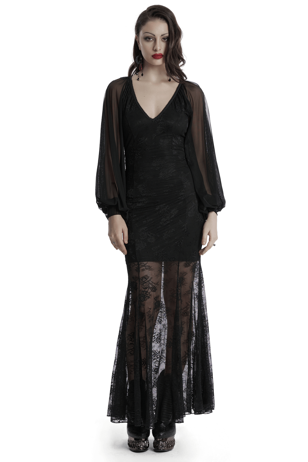 Gothic mermaid dress with sheer bat sleeves and lace skirt, perfect for dark romance and night events.