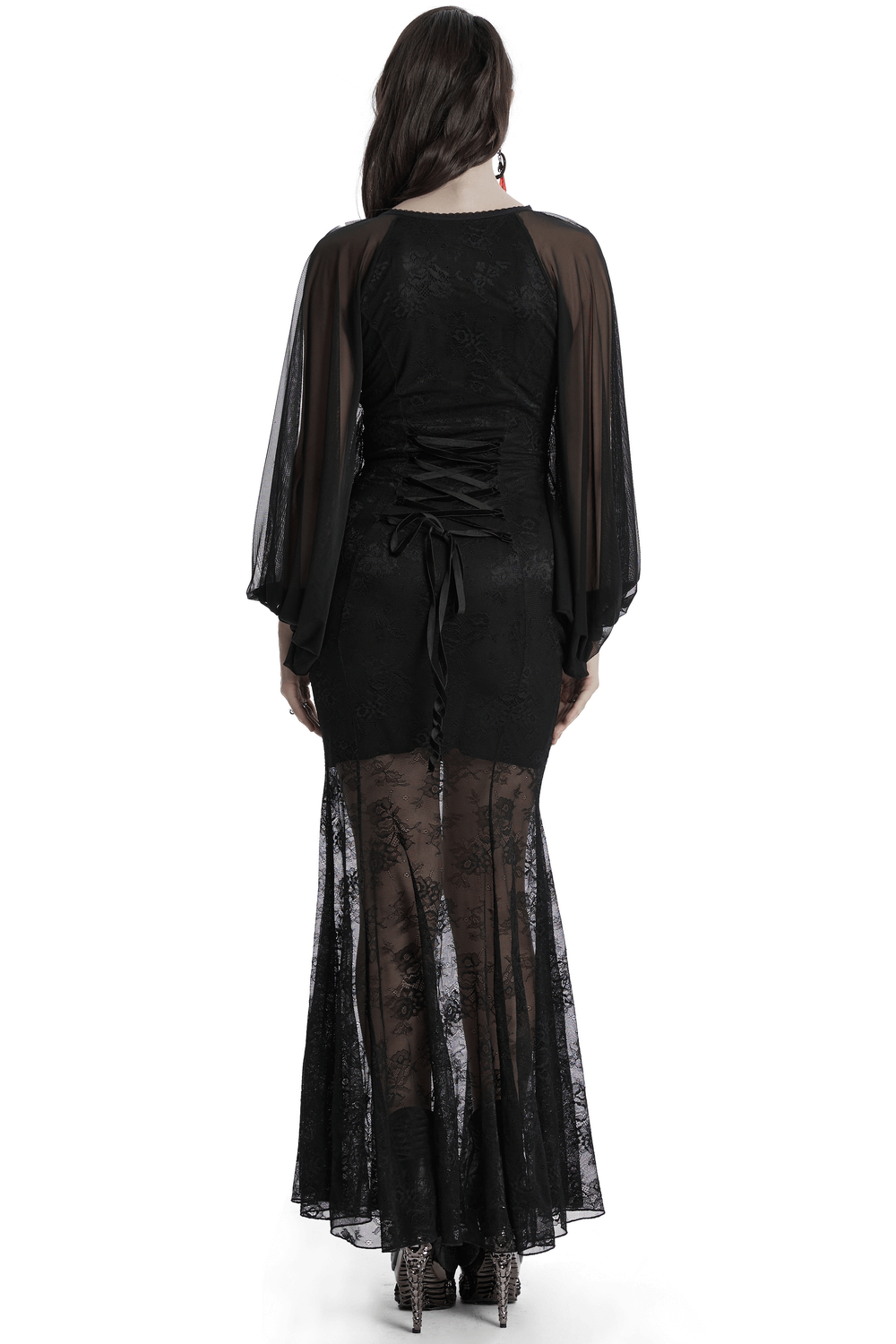 Back view of a sleek black lace mermaid dress with sheer batwing sleeves and adjustable drawstring waist.