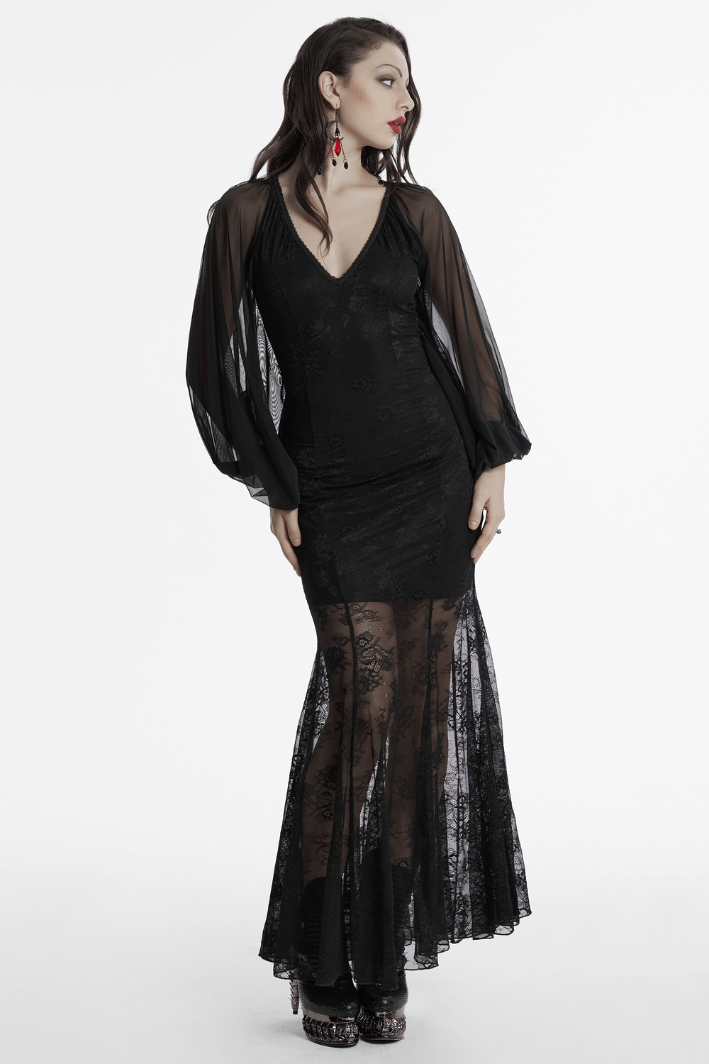 Gothic lace mermaid dress with sheer bat sleeves and deep V-neckline, perfect for dark romance events.