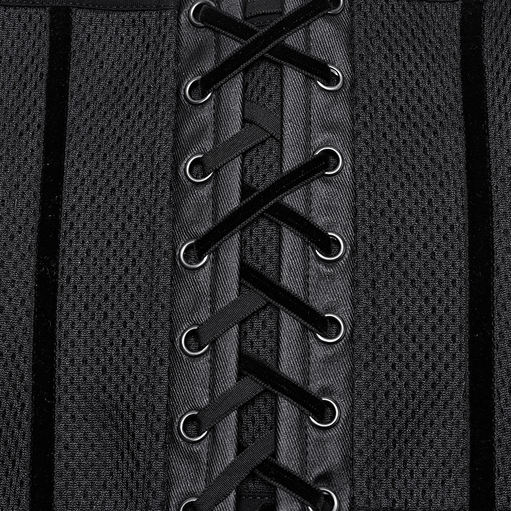 Close-up of sleek black lace-up underbust corset showcasing intricate detailing and breathable mesh texture.