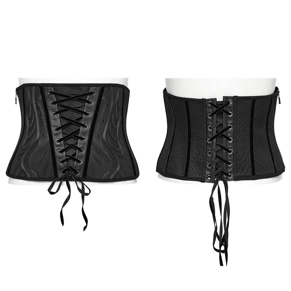 Sleek black lace-up underbust corset showcasing a stylish cyberpunk design and breathable mesh fabric.