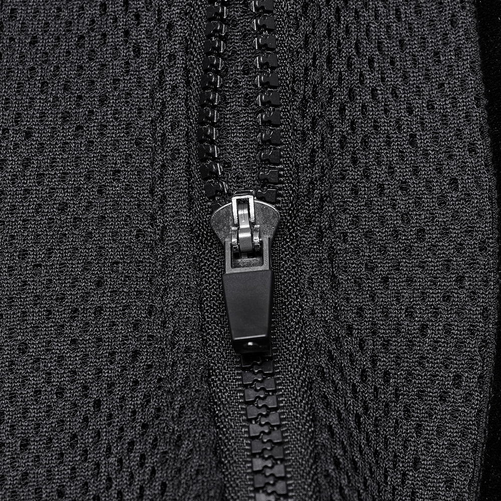 Close-up of a sleek black zipper on breathable mesh fabric featuring a modern design.