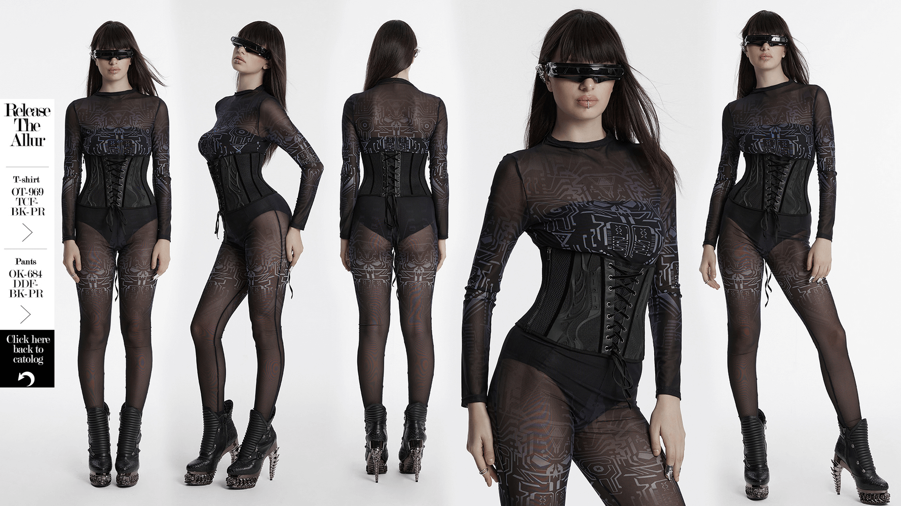 Model showcasing a sleek black cyberpunk lace-up underbust corset with futuristic design and edgy styling.