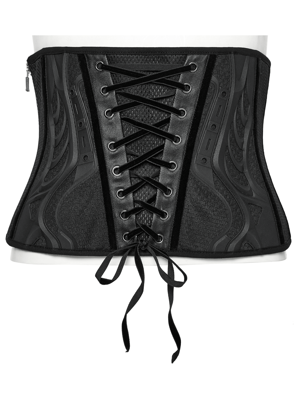 Sleek black lace-up underbust corset with breathable mesh and rubberized fabric for a bold cyberpunk look.