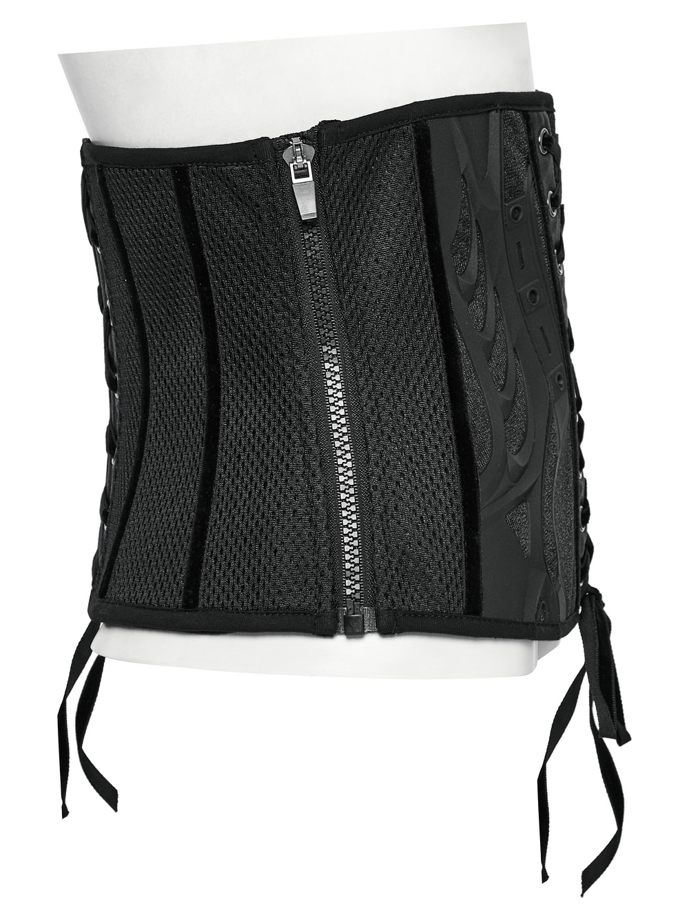 Sleek black lace-up underbust corset featuring breathable mesh and punk-inspired design elements.