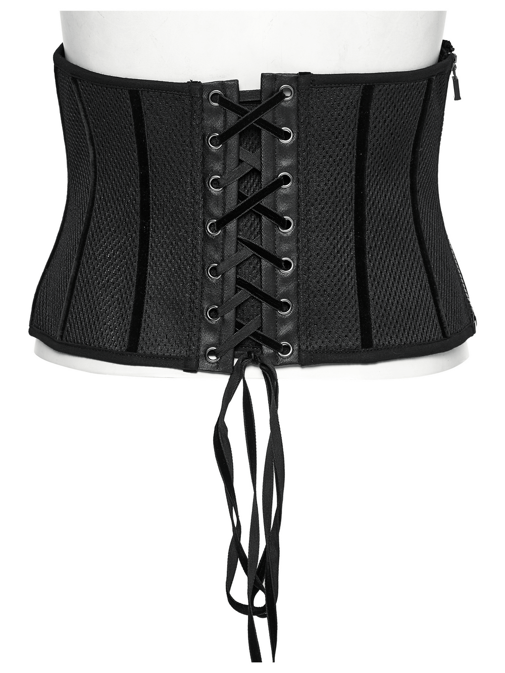 Sleek black lace-up underbust corset showcasing a modern cyberpunk design with mesh and rubberized fabric.