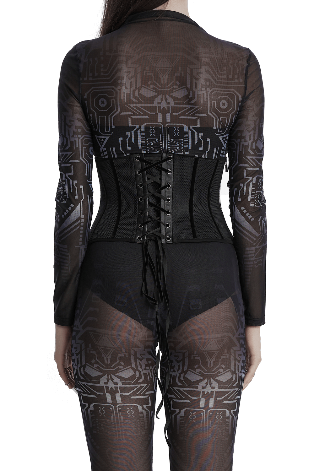 Back view of a sleek black lace-up underbust corset, enhancing a bold cyberpunk fashion look.