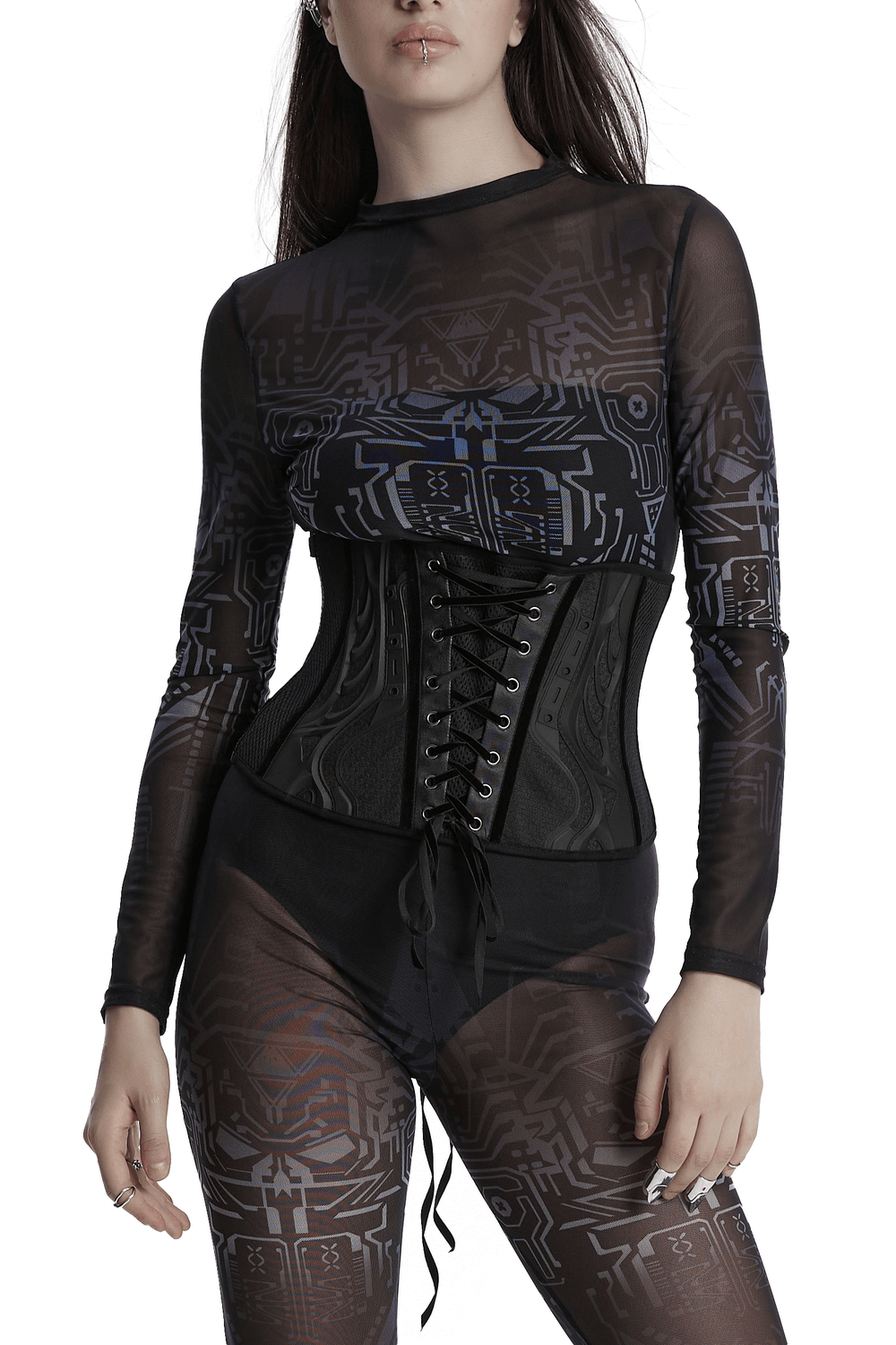 Stylish black lace-up underbust corset paired with a futuristic top and leggings in a cyberpunk aesthetic.
